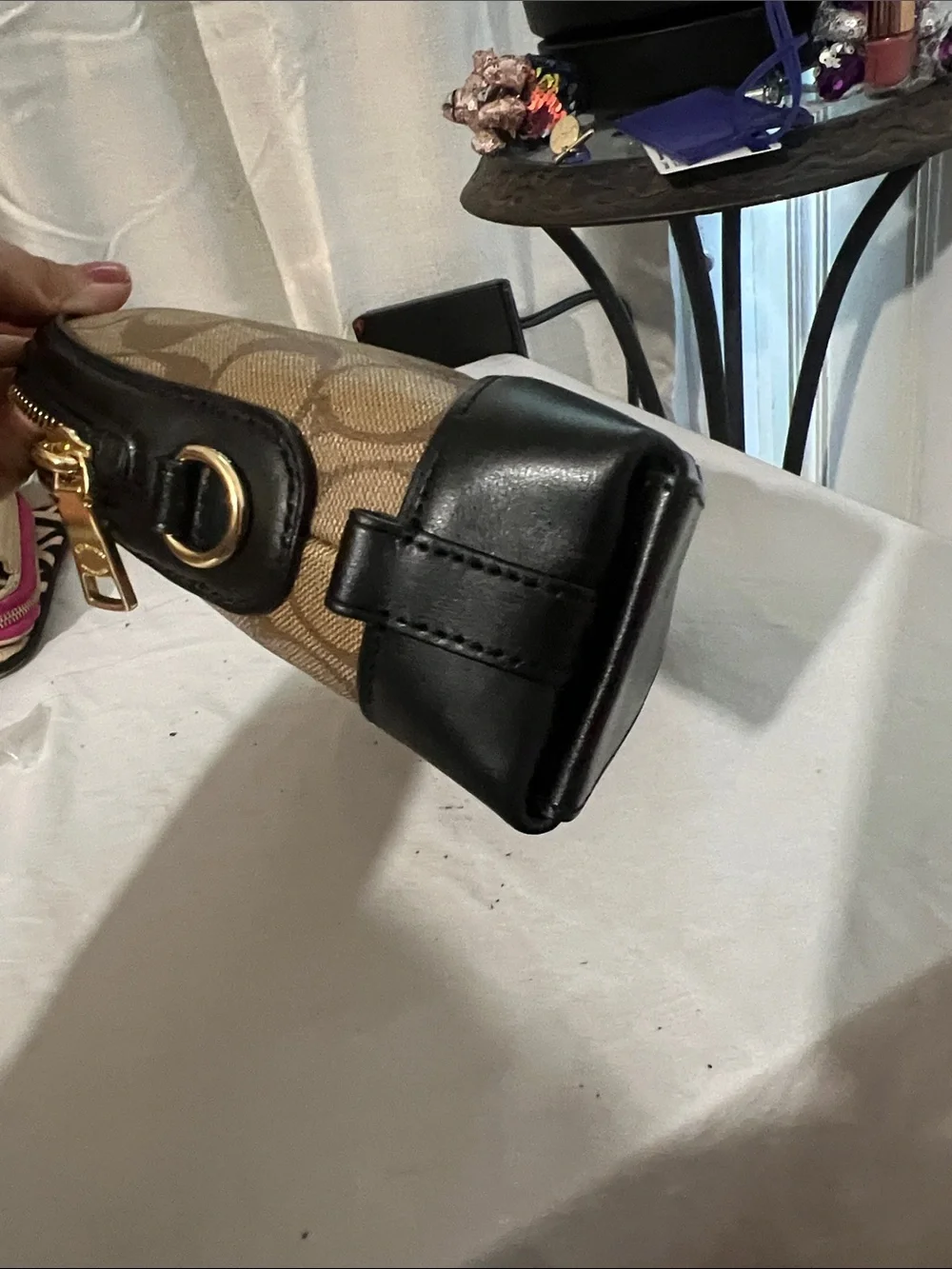 Coach Brown Signature Cosmetic Pouch with Black Trim
